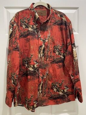Men's Casual Button-Down Shirt in Rust with Deer Print